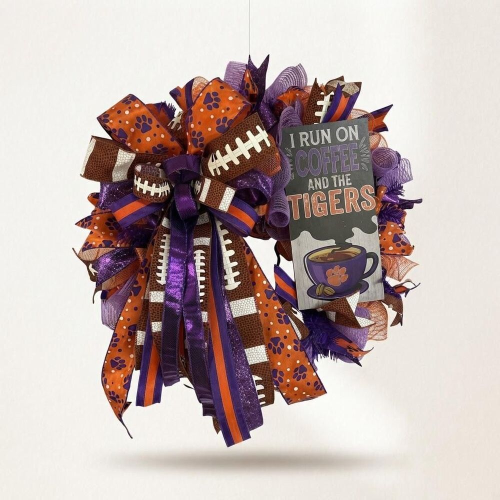 Clemson Football Wreath | ACC Tigers Door Decor | Orange Purple Mesh Game Wreath